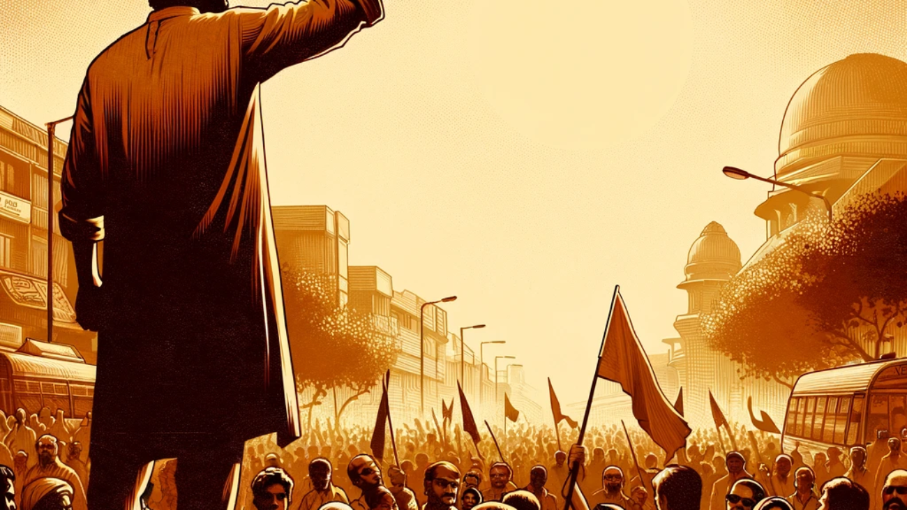 DALL·E 2024-04-05 14.47.04 - A peaceful protest in India, at midday, with the sun high in the sky. The image showcases a determined leader rallying the crowd, both depicted in war