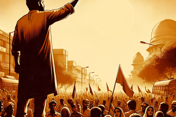DALL·E 2024-04-05 14.47.04 - A peaceful protest in India, at midday, with the sun high in the sky. The image showcases a determined leader rallying the crowd, both depicted in war