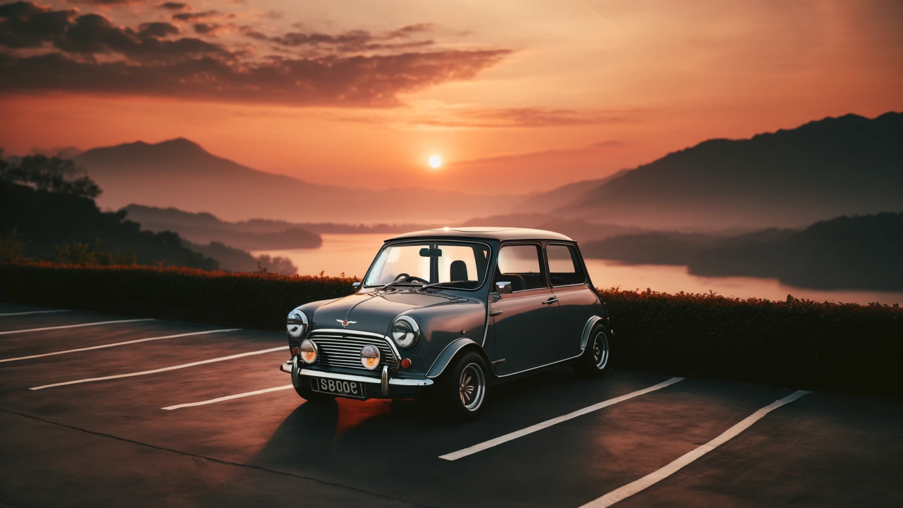 DALL·E 2024-04-05 11.54.14 - Landscape format digital photo capturing a warm and pleasant evening scene, featuring a classic compact car with a design akin to a Mini Cooper, parke