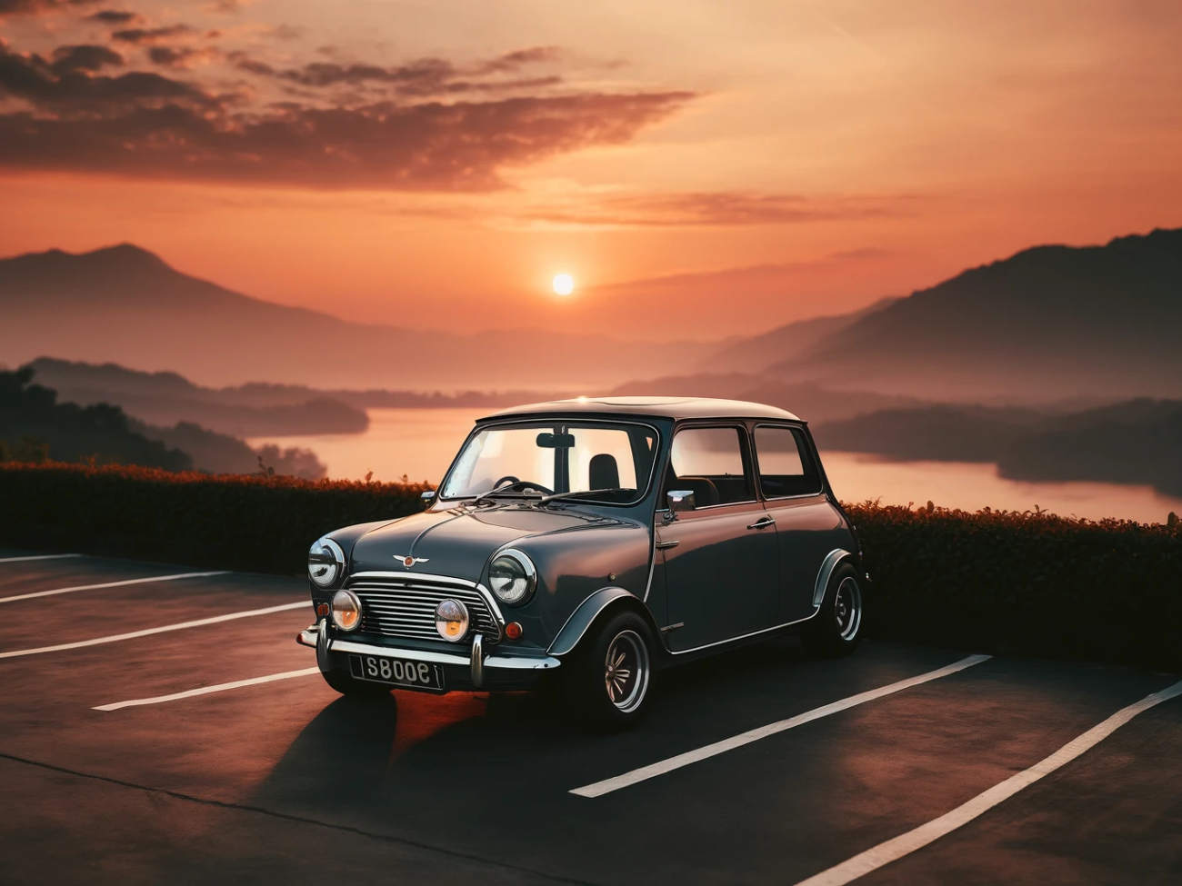 DALL·E 2024-04-05 11.54.14 - Landscape format digital photo capturing a warm and pleasant evening scene, featuring a classic compact car with a design akin to a Mini Cooper, parke