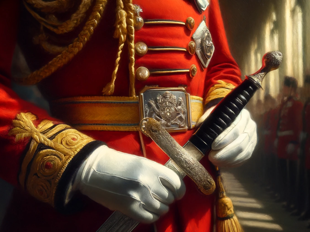 DALL·E 2024-04-05 12.04.32 - Create an oil painting with warm, subtle, and cool tones capturing the close-up details of a ceremonial sword in a sheath held by a person in ceremoni
