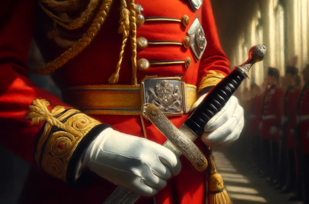DALL·E 2024-04-05 12.04.32 - Create an oil painting with warm, subtle, and cool tones capturing the close-up details of a ceremonial sword in a sheath held by a person in ceremoni