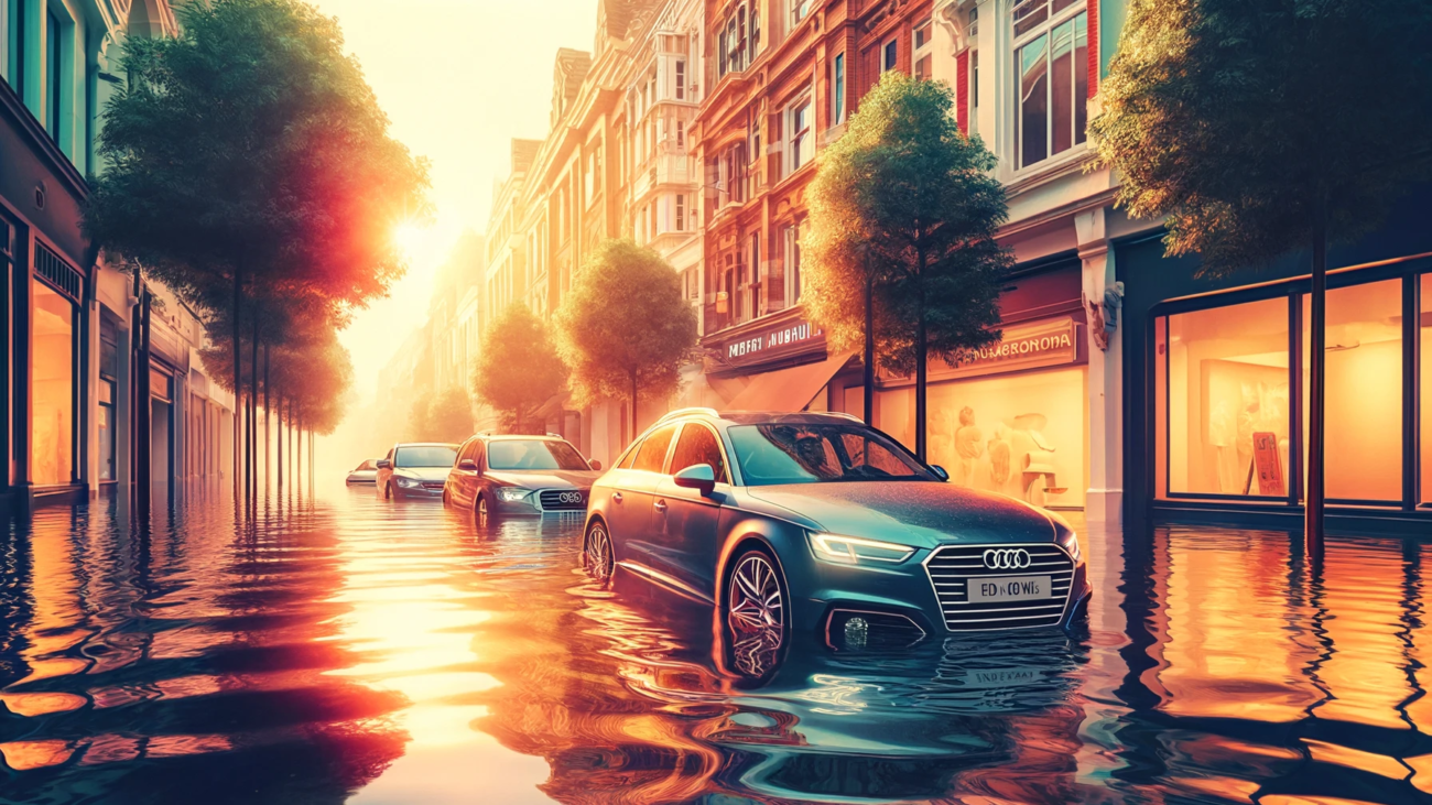 DALL·E 2024-04-22 12.09.07 - A photographic-style illustration of a city street flooded at noon, depicted in warm colors. The scene features four cars, including the luxurious Aud
