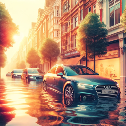 DALL·E 2024-04-22 12.09.07 - A photographic-style illustration of a city street flooded at noon, depicted in warm colors. The scene features four cars, including the luxurious Aud