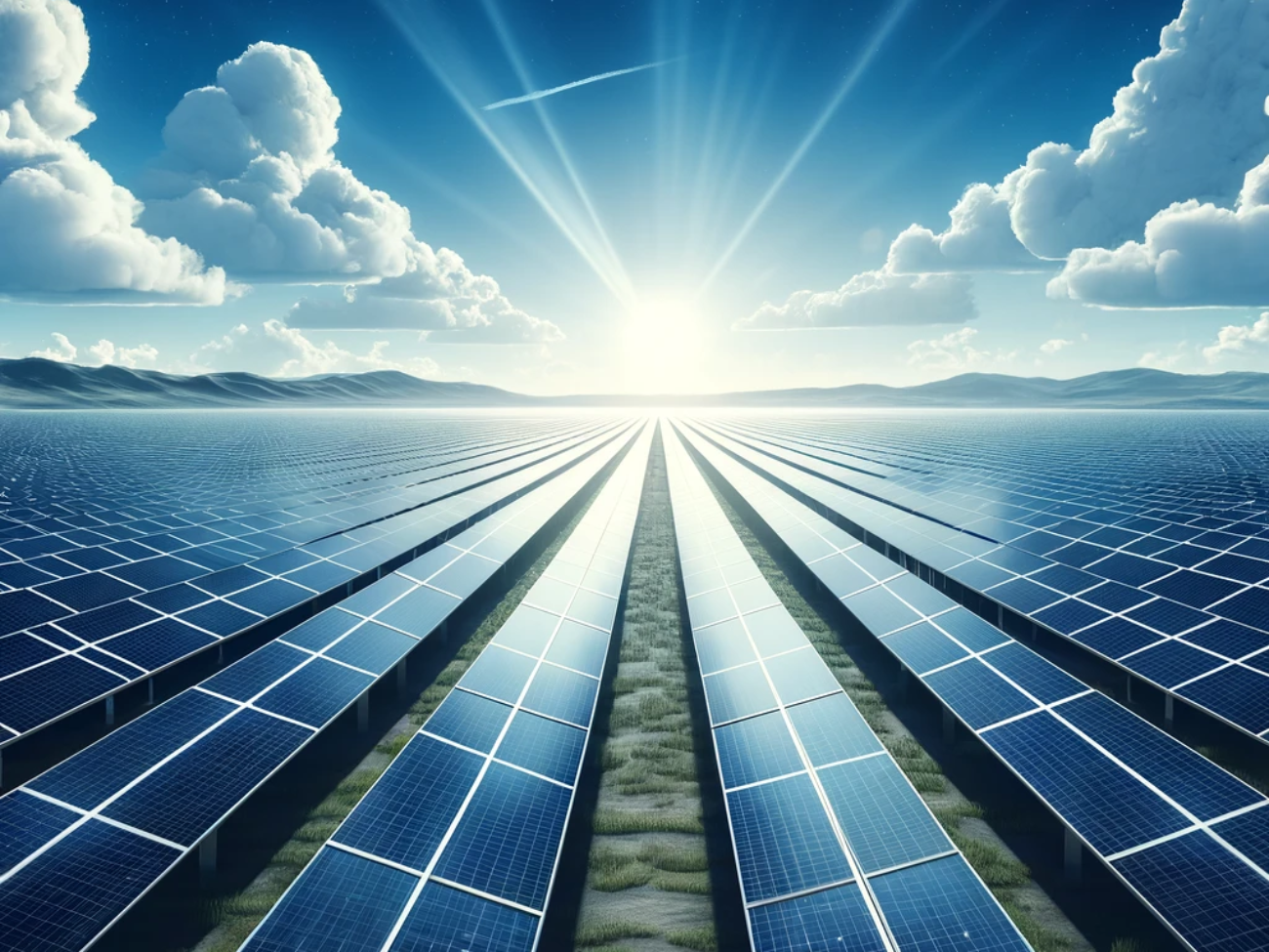 DALL·E 2024-05-13 10.05.33 - Illustration of a modern solar park with numerous solar panels under a clear blue sky, set in a vast, open landscape. The scene depicts a futuristic a