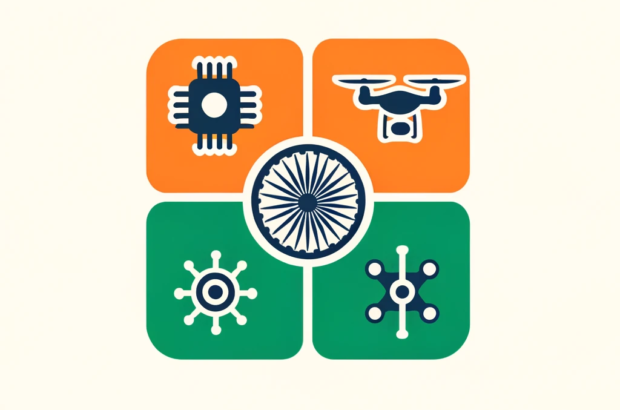 DALL·E 2024-05-14 10.51.07 - A minimal square illustration representing India's strategic focus on critical technologies. Show icons of semiconductors, AI, drones, and biotechnolo