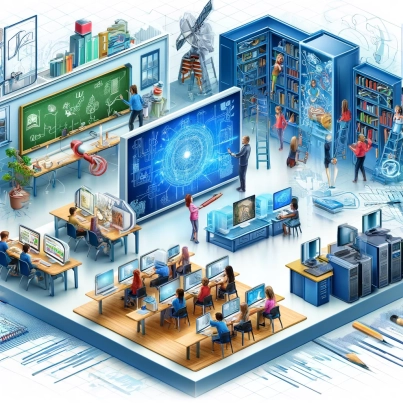 DALL·E 2024-05-17 11.46.25 - An illustration depicting a modern digital infrastructure in a school setting. The image includes a high-tech classroom with students using digital de
